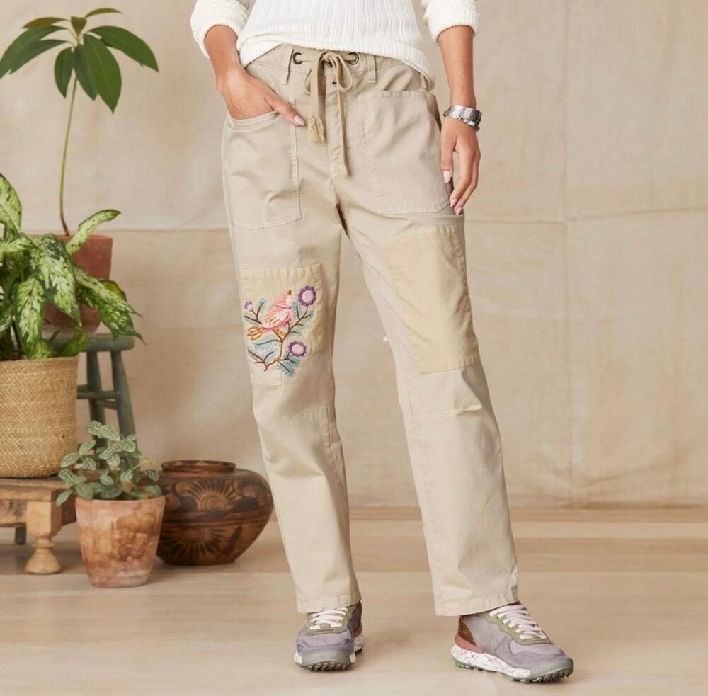 Sundance Ariel Bird Floral Embroidered Utility Drawstring Patchwork Pants Size 6